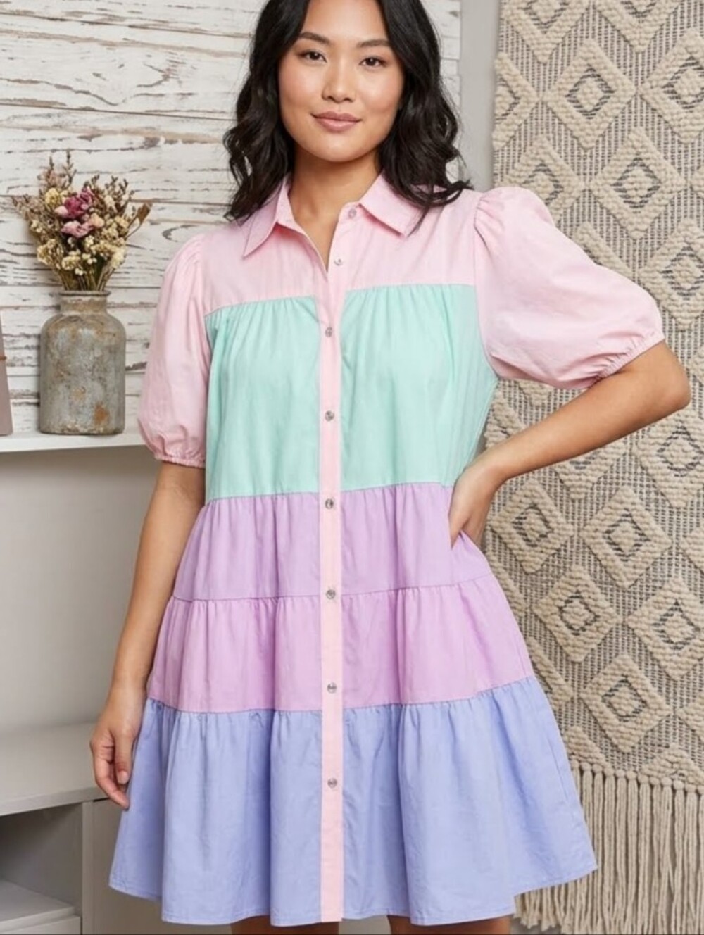 Tiered Pastel Button-Front Dress in Pink, Mint, Lavender, and Periwinkle